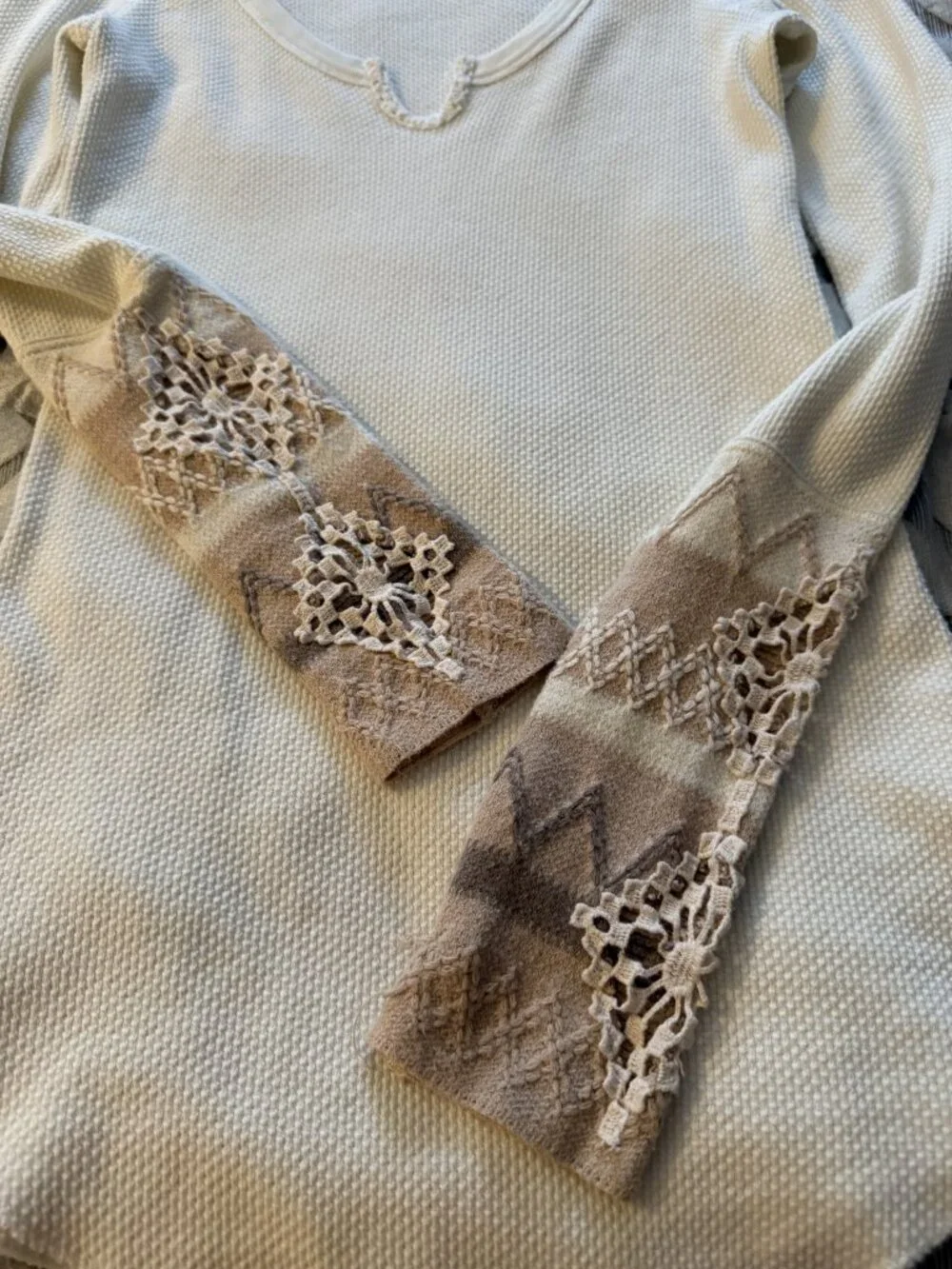 Free People Kombucha Cuff Thermal Top Ivory Waffle Knit Crochet Women's Medium